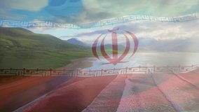 Animation of flag of iran blowing over seascape. travel, holidays, patriotism and celebration concept digitally generated video.