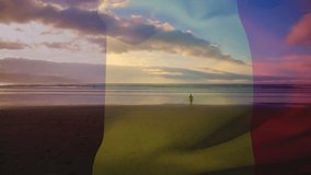 Animation of flag of belgium blowing over seascape. travel, holidays, patriotism and celebration concept digitally generated video.