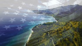 Animation of flag of united states blowing over beach seascape. travel, holidays, patriotism and celebration concept digitally generated video.