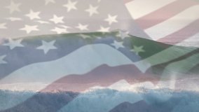 Animation of flag of united states blowing over seascape and hands. travel, holidays, patriotism and celebration concept digitally generated video.