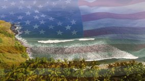 Animation of flag of united states blowing over seascape. travel, holidays, patriotism and celebration concept digitally generated video.