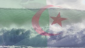 Animation of flag of algeria blowing over waves in sea. travel, holidays, patriotism and celebration concept digitally generated video.