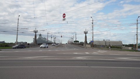 Riga, Latvia. August 2021. Akmens bridge over the Daugava river in Riga, Latvia

