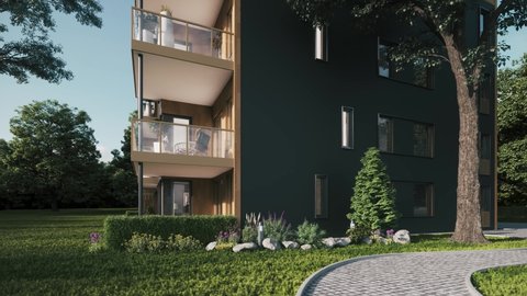 Green courtyard of a modern residential building. Beautiful courtyard of an apartment building. Modern apartment buildings with courtyard. 3d visualization
