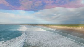 Animation of flag of netherlands blowing over beach landscape. travel, holidays, patriotism and celebration concept digitally generated video.