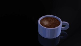Coffee mug steaming 3d motion. 4k video of morning beverage. Caffeine concept. Violet porcelain coffee cup. Hot drink. Enjoying morning coffee flavor