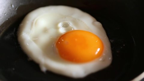 Fried egg on frying pan for breakfast, close up