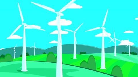 Windmill on green landscape with clouds 30s. cartoon loop animation loop. Machine good for ecology subject.