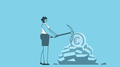 Flat woman with pickaxe mines a euro in mine. Flat Design Cartoon Character Isolated Loop 2d Animation with Alpha Channel