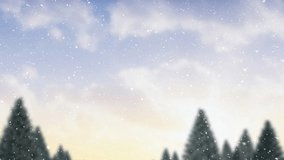 Animation of snow falling on trees in winter landscape. christmas, tradition and celebration concept digitally generated video.
