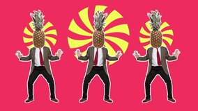 Stop motion design or art 2D animation. Dancing businessman with pineapple head. Fashion dance with color background. Funny man. Modern, conceptual, contemporary bright 4k collage. Summer time concept - Powered by Shutterstock - Get 15% off with code: PIKWIZARD15