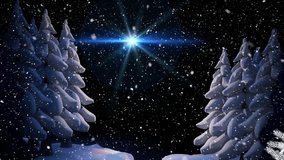 Animation of star, christmas tree and snow falling in winter landscape. christmas, tradition and celebration concept digitally generated video.