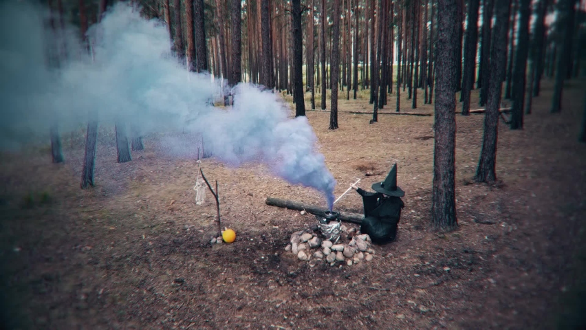 Evil sorcerer brews a potion in a cauldron in the forest. Scene for Halloween