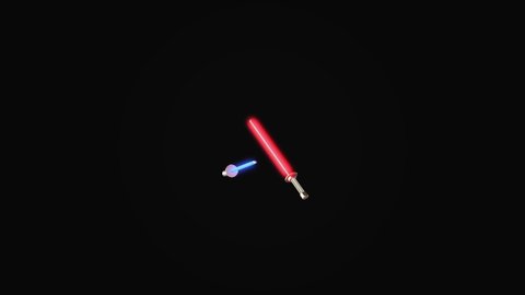 Two fighting laser sabers 3d motion 4k video. Light swords fight. Neon saber blade battle scene. Rivals or competitors concept. Force or power visualization. Glowing saber combat