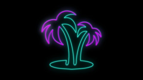 Neon palm tree. Neon Icon Concept Summer Animation copy space. Black background