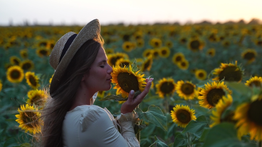 Young woman with long hair and straw hat in a beautiful field of sunflowers at sunset time. Sunflower swaying in the wind. Agriculture field with blooming sunflowers and sunlight.