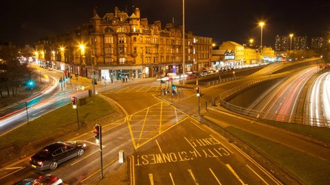 Night time traffic trails at Charing Cross in Glasgow