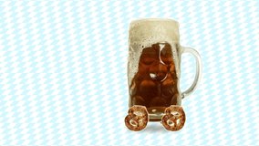 Stop motion design or art animation. Big beer mug with foam rolling over traditional background, 4k video animated. Modern, conceptual, contemporary art collage. Beer party, pub, oktoberfest concept