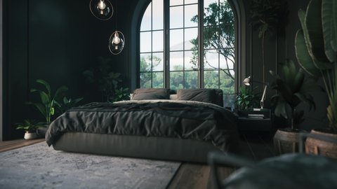 Modern dark bedroom interior. Design interior of luxury bedroom. Bedroom with large windows. 3d visualization