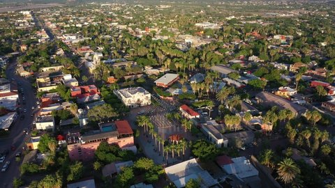 Aerial shot of the city of Loreto, Baja California Sur, Mexico, during golden hour in the morning