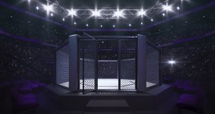 Empty fighting cage ready for fight. Animation of sport arena with fans and shining spotlights. Looped 4k video background.