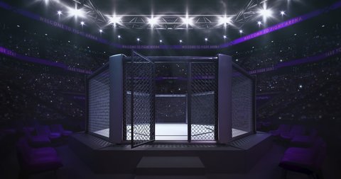 Empty fighting cage ready for fight. Animation of sport arena with fans and shining spotlights. Looped 4k video background.