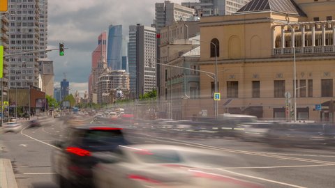 sunny day moscow city famous new arbat traffic street panorama 4k timelapse russia