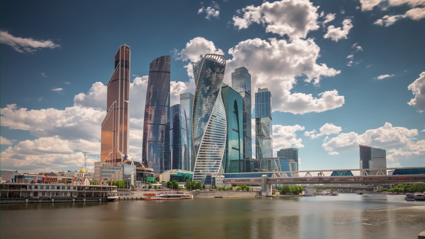 Summer sunny day moscow modern city riverside panorama 4k timelapse russia