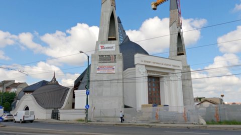 TIMISOARA, ROMANIA - May 04, 2021: The orthodox church seen from Parcul Uzinei, Timisoara, Romania