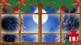 Animation of snow falling over santa claus in sleigh with reindeer and moon seen through window. christmas, tradition and celebration concept digitally generated video.
