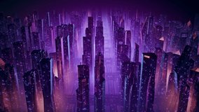 Futuristic night city flythrough seamless loop. 80s retrowave 3D animation of a retro cityscape with low poly skyscrapers and glowing neon lights. Mesmerizing cyberpunk and sci-fi vj loop. 4k 60 fps