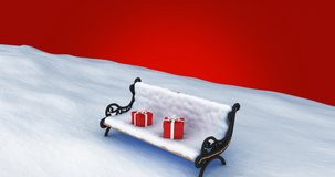 Animation of snow falling over two red christmas presents on snow covered bench. christmas, tradition and celebration concept digitally generated video.