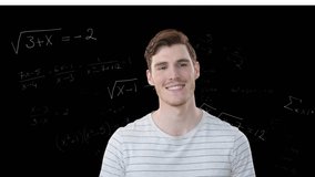 Animation of smiling caucasian man over mathematical equations on black background. science, education and business concept digitally generated video.