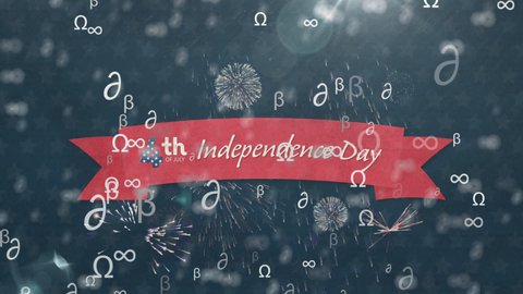 Multiple mathematical symbols over independence day text banner against fireworks exploding. american independence day celebration concept