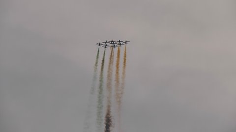 Maribor Slovenia AUGUST, 15, 2021 Military aerobatic team a perfect example of teamwork made by skilled people.. Frecce Tricolori Tricolour Arrows Italian Air Force Aerobatic Team on Aermacchi MB-339