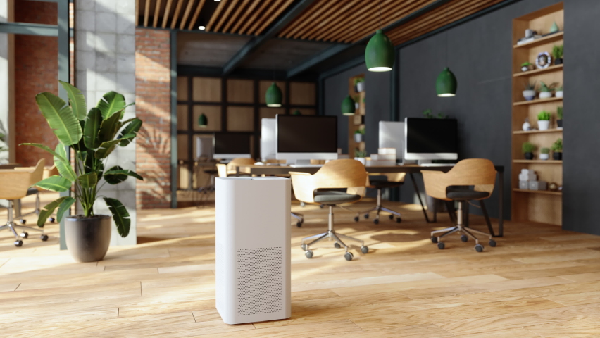 3d Rendering of Air Purifier In Modern Open Plan Office For Fresh Air, Healthy Life, Cleaning And Removing Dust. Royalty-Free Stock Footage #1078766147