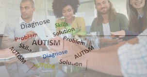 Animation of colourful puzzle pieces and autism text over business colleagues using tablet. autism, learning difficulties, support and awareness concept digitally generated video.