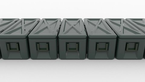 An endless row of black plastic containers moves from left to right against a white background. Modern containers for transplantation. Seamless loop.
