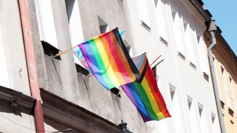 LGBT gay pride flag. Concept for lesbian, gay, bisexual, transgender, homosexual, pride parade street party celebration, film grain