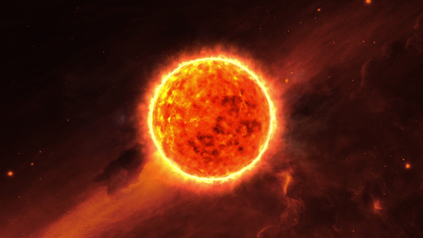 Futuristic flaming solar star. Cinematic burning surface of Sun in deep space surrounded by stars. Digital star with hot plasma and nuclear fusion reactions. Realistic sun surface. Royalty-Free Stock Footage #1078766801