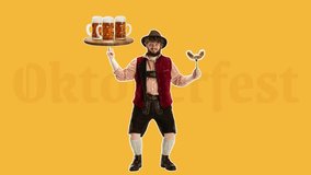Stop motion design or art animation. Oktoberfest happy man in hat, wearing a traditional Bavarian clothes dancing with beer on color, 4k video animated. Modern, conceptual, contemporary bright collage