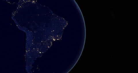 South america continent in the earth planet at night rotating from space
