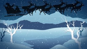 Animation of santa claus in sleigh with reindeer moving over winter landscape. christmas, tradition and celebration concept digitally generated video.