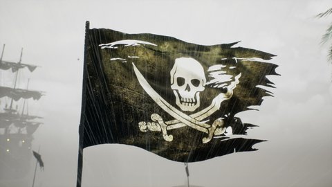 A pirate stands next to a pirate flag on an island during a storm. The man was created using 3D computer graphics. 3D rendering. The animation is ideal for pirate and adventure backgrounds.