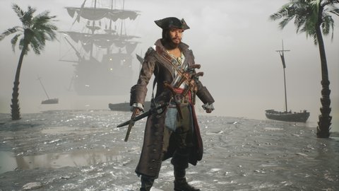 A pirate stands on a deserted ocean shore and fires his formidable pistol. The man was created using 3D computer graphics. 3D rendering. The animation is ideal for pirate and adventure backgrounds.