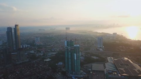 Ariel View of Johor Bahru City, Malaysia from Selat Tebrau sea