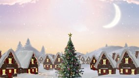 Animation of snow falling over houses covered in snow decorated with fairy lights and christmas tree. christmas, tradition and celebration concept digitally generated video.