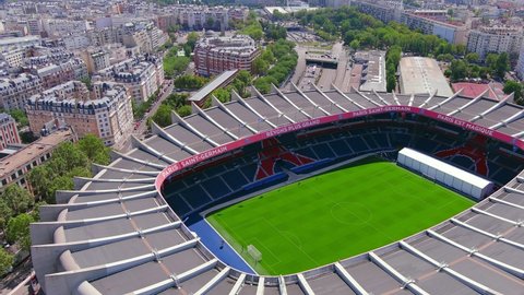PARIS, FRANCE, EUROPE - CIRCA 2020: Aerial view of Le Parc des Princes 2-tier stadium for soccer team Paris Saint-Germain Football Club and venue (fooball) of Olympic Summer Games 2024.