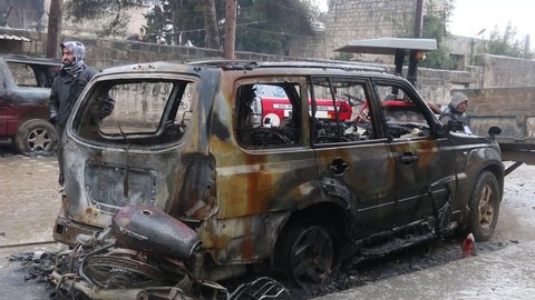 Burnt cars and vehicles as a result of a bombing claimed by ISIS. The war on terror. extremist groups.
Aleppo, Syria January 07, 2017