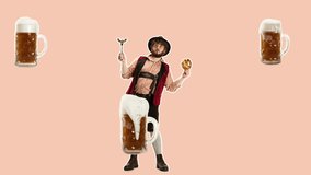 Stop motion design or art animation. Oktoberfest young man in hat, wearing a traditional Bavarian clothes at full-length with beer, 4k video animated. Modern, conceptual, contemporary bright art colla